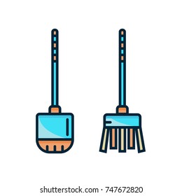 Toilet brush and plunger set - vector flat color line icon. Brush and holder for wc. Bathroom tools vector illustration on isolated white background.