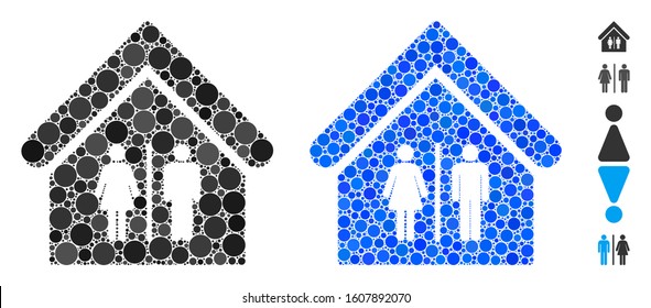 Toilet building composition of small circles in variable sizes and shades, based on toilet building icon. Vector small circles are composed into blue mosaic.