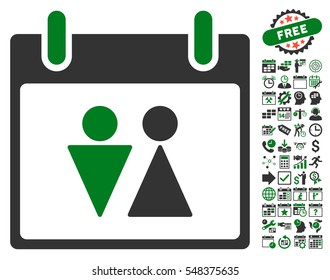Toilet Calendar Day icon with bonus calendar and time management pictures. Vector illustration style is flat iconic symbols, green and gray, white background.