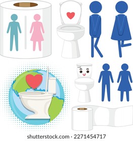 Toilet Cartoon Icons Set for Bathroom Decor and Signage illustration