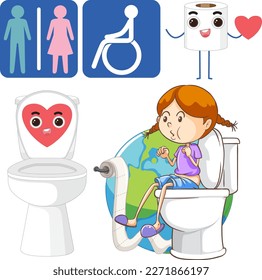 Toilet Cartoon Icons Set for Bathroom Decor and Signage illustration