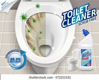 Toilet cleaner ads, before and after effect of cleaner, top view of toilet in 3d illustration
