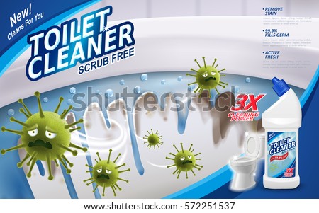 Toilet cleaner ads, green virus escaping from shining toilet with blue flush detergent in bottle in 3d illustration