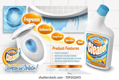 Toilet cleaner ads, powerful detergent product with top view of toilet bowl with blue liquids in 3d illustration