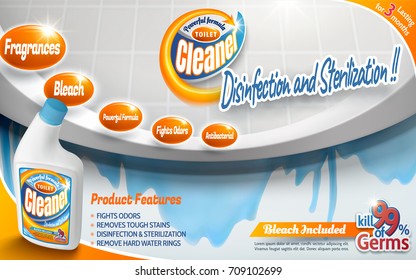 Toilet cleaner ads, powerful detergent product with toilet bowl and blue liquids in 3d illustration