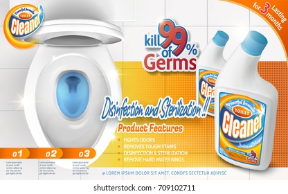 Toilet cleaner ads, powerful detergent product with top view of glittering toilet bowl in 3d illustration