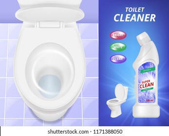 Toilet cleaner advertising. Fresh clean concept poster liquid detergent toilet sink and bathroom. Vector realistic picture bathroom antiseptic chemistry, detergent cleaning illustration