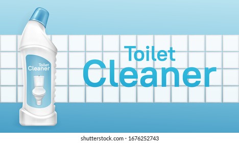 Toilet cleaner banner, liquid detergent plastic bottle with clean bowl on label on white tiled ceramic wall background. Chemical product for cleaning bathroom promo advertising, Realistic 3d vector