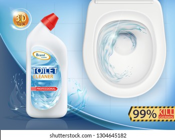 Toilet cleaner. Bottle with liquid. Top view of a toilet bowl. Vector illustration.