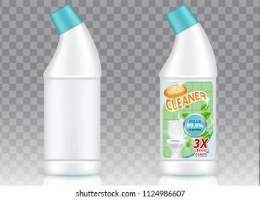 Toilet Cleaner Bottle Packaging Mockup Set. Vector Realistic Illustration Of White Blank Plastic Bottle For Liquid Cleaning Product And Bottle With Label Isolated On Transparent Background.