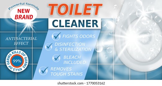 Toilet cleaner. Disinfectant cleaner for cleaning the bathroom. Package design realistic illustration. Advertisement poster layout or horizontal banner. Vector