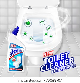 Toilet cleaner gel banner ads. Realistic clean shiny toilet bowl top view with disinfectant container. Vector Illustration