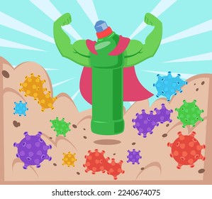 Toilet cleaner with muscular arms vector illustration. Cartoon drawing of bathroom cleaning product fighting viruses or bacteria. Hygiene, household or housekeeping concept