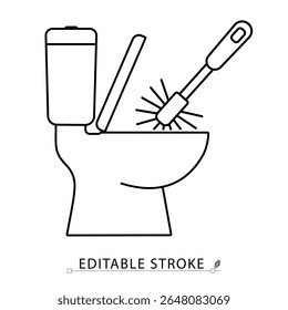 Icône de nettoyage de toilettes de style minimaliste avec trait modifiable. Outil d'assainissement, hygiène de la salle de bains, brosse de toilette dans la cuvette, nettoyage ménager, entretien des toilettes, objet contour