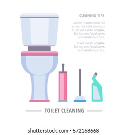 Toilet cleaning supplies set. Vector illustration: toilet, brush, plunger, cleaning chemical