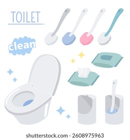 Toilet cleaning tool illustration set
