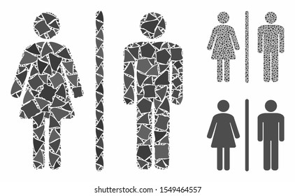 Toilet composition of trembly pieces in variable sizes and shades, based on toilet icon. Vector uneven pieces are united into collage. Toilet icons collage with dotted pattern.