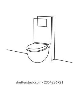 Toilet in continuous line art drawing style. Modern wall-hung WC with hidden tank installation system black linear sketch isolated on white background. Vector illustration