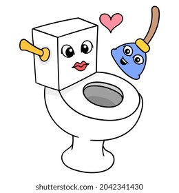 toilet cupping bathroom cleaner friends, vector illustration art. doodle icon image kawaii.