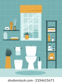 Toilet design with toilet bowl, shelves and household chemicals. A window with flowers decorates and adds coziness to the toilet room. Flat vector illustration.