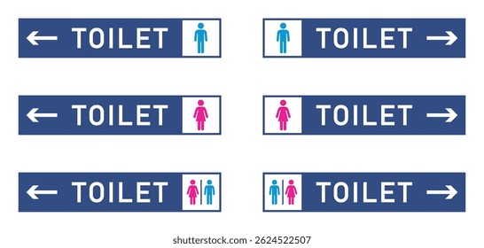 Toilet direction signs with pink and blue gender symbol. Set of directional toilet signs with male blue, female pink, and unisex symbols. Useful for public restrooms, airports, malls, and facilities.
