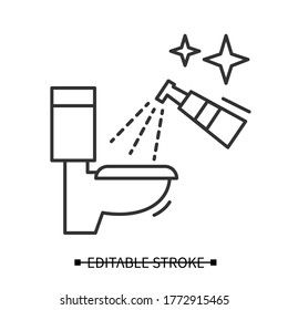 Toilet disinfection icon. Restroom antibacterial spray cleaning linear pictogram. Hygiene and covid infection spread prevention instruction concept. Editable stroke vector illustration