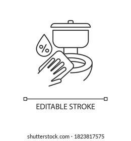 Toilet disinfection pixel perfect linear icon. Surface cleaning thin line customizable illustration. Contour symbol. Lavatory and antibacterial wipe vector isolated outline drawing. Editable stroke