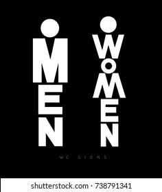 Toilet door plate lettering men and women drawing with white on black background