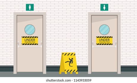 Toilet door vector. under construction. label. brick wall. wallpaper. background.