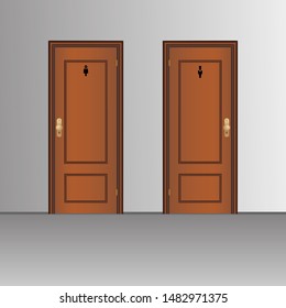 Toilet doors for male and female genders. Woden Door for man and woman lavatory room, WC realistic composition. . Vector.
