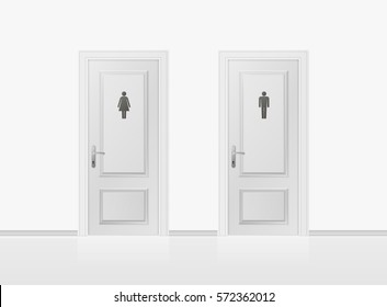 Toilet doors for male and female genders. Realistic WC door. Vector illustration.