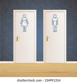 Toilet doors on vintage wall background. Vector design.