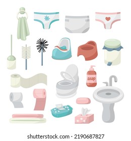 Toilet elements for children training vector illustrations set. Collection of cartoon drawings of potty, diapers, soap, toilet paper isolated on white background. Hygiene, baby care, childhood