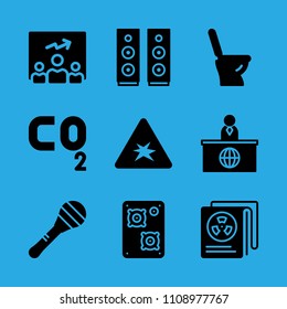 toilet, explosive, maraca, newspaper, presentation, speaker, news reporter, speaker and co vector icon. Simple icons set