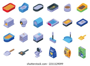 Toilet Filler Icons Set Isometric Vector. Animal Box. Sand Filter