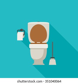 Toilet Flat Illustration With Toilet Paper And Toilet Brush.