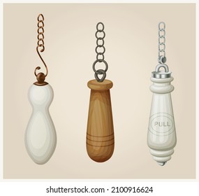 Toilet flushes pull down handles with chains vector icons, vintage toilet flushes cartoon illustrations