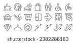 Toilet, food court, elevator, exit door and public navigation concept editable stroke outline icons set isolated on white background flat vector illustration. Pixel perfect. 64 x 64.