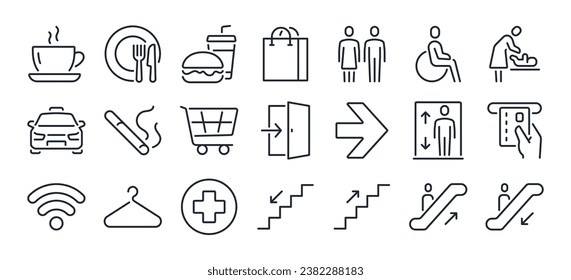 Toilet, food court, elevator, exit door and public navigation concept editable stroke outline icons set isolated on white background flat vector illustration. Pixel perfect. 64 x 64.