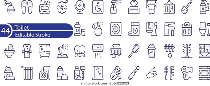 Toilet, food court, elevator, exit door and public navigation concept editable stroke outline icons set isolated on white background flat vector illustration.