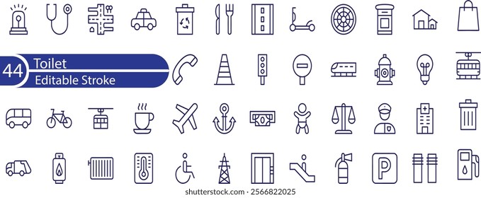 Toilet, food court, elevator, exit door and public navigation concept editable stroke outline icons set isolated on white background flat vector illustration.