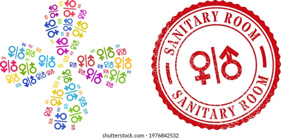 Toilet Gender Symbol Bright Curl Abstract Flower, And Red Round SANITARY ROOM Grunge Stamp Imitation. Toilet Gender Symbol Inside Round Stamp.