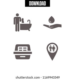toilet icon. 4 toilet vector set. toilets pin, bathtub cleaning, responsible use of water and litter box icons for web and design about toilet theme
