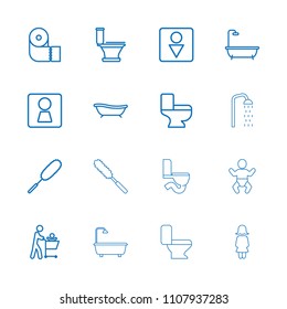 Toilet icon. collection of 16 toilet outline icons such as woman wc, shower, dust brush, paper towel, male wc. editable toilet icons for web and mobile.