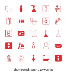 Toilet icon. collection of 25 toilet filled and outline icons such as woman, plunger, shower, male wc. editable toilet icons for web and mobile.