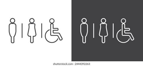 Toilet icon, male, female and disability icon vector. wc , Restrooms icon in flat style. Male and female icon vector  in black and white background.