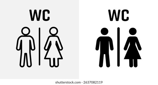 Toilet icon. Male and female symbols with WC text and vertical divider vector illustration. Gender-specific restroom sign. Public lavatory and bathroom door indicator pictogram.