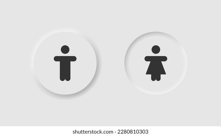 Toilettensymbol im Lungenorphismus-Stil. Symbole für Unternehmen, weiße Benutzeroberfläche, UX. Geschlechtersymbol. WC, Mann, Frau, Junge, Mädchen, Toilette. Neumorpher Stil. 