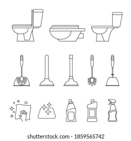 Toilet icon. Restroom. Toilet brush and plunger. Plumbing service. Household chemical bottles. Sanitizing surfaces. Cleaning napkin. Sanitation and hygiene sign. Editable stroke. Vector