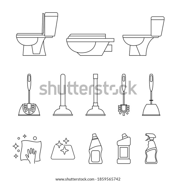 Toilet icon. Restroom. Toilet brush and plunger.\
Plumbing service. Household chemical bottles. Sanitizing surfaces.\
Cleaning napkin. Sanitation and hygiene sign. Editable stroke.\
Vector
